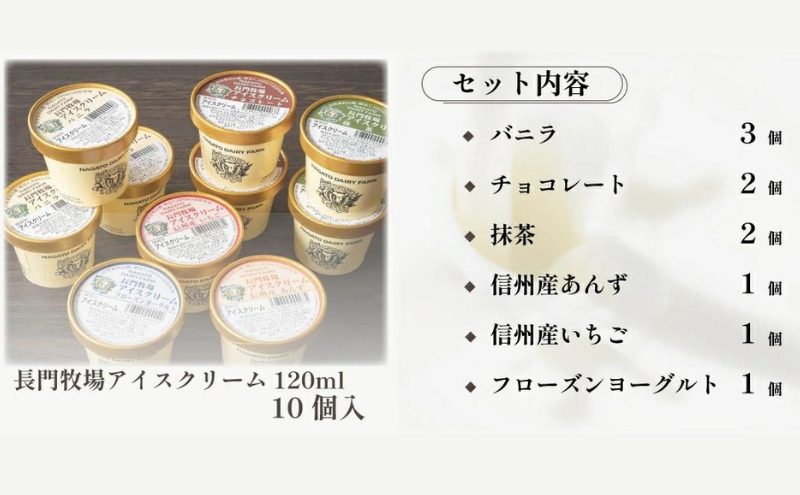 長門牧場　自社製造アイスクリーム　贅沢バラエティセット10個　人気スイーツ　濃厚ミルク　直送　牛乳　生乳　国産　夏ギフト　長野県　贈答品　お土産　お中元　お歳暮　クリスマス