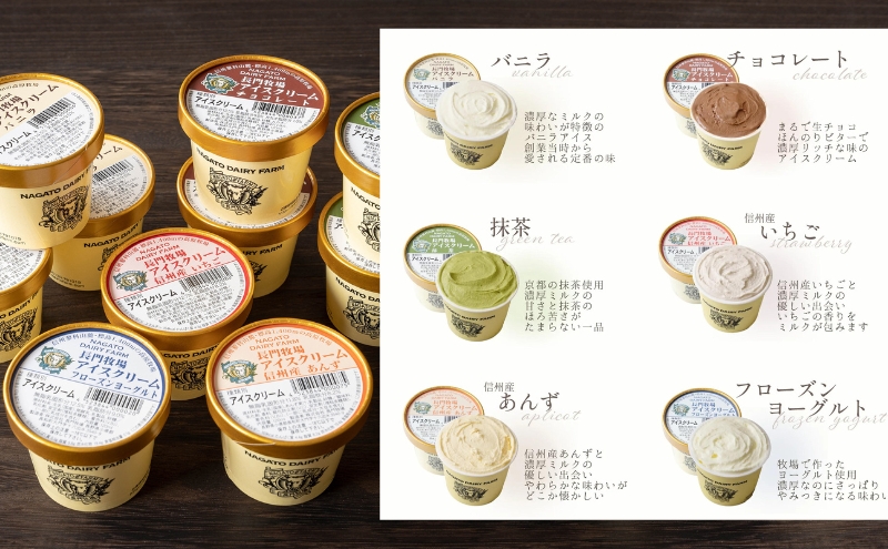 【定期便】6ヵ月連続でお届け！長門牧場アイスクリーム15個セット　6種のフレーバー詰め合わせ (バニラ、チョコレート、抹茶、ヨーグルト、いちご、あんず) スイーツ 濃厚ミルク 直送 牛乳 生乳 国産 ギフト 長野県 贈答品 お土産 お中元 お歳暮 クリスマス