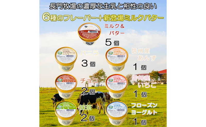 長門牧場アイスクリーム15個プレミアムセットCA-3 プレミアムフレーバー「ミルク＆バター」＋6種のフレーバー詰め合わせ (バニラ、チョコレート、抹茶、ヨーグルト、いちご、あんず) スイーツ 濃厚ミルク 生乳 国産 ギフト 長野県 お中元 お歳暮 クリスマス