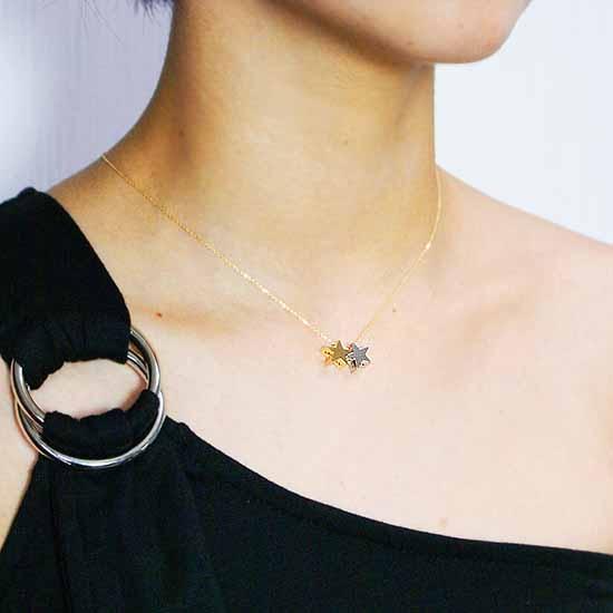 ブランツ  ふたつ星の立体ペンダントK18 プラチナ コンビ ｜ ペンダント 星 鏡面 高級 貴金属 18金 イエローゴールド プレゼント 記念日 誕生日 クリスマス 喜ばれる 五芒星 アクセサリー ネックレス ワンポイント 星空 宙ジュエリー ペンダント メテオ star スター 首飾り 天体 夜空