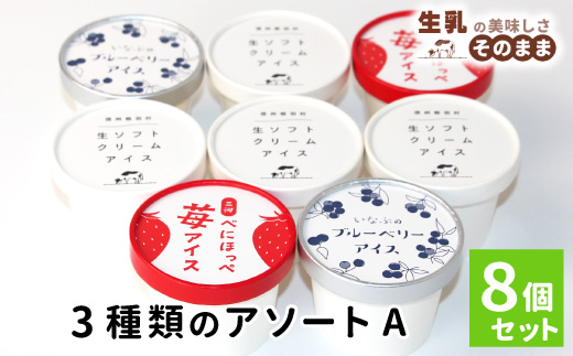 〈即日発送〉３種類のアソートA　８個セット 生ソフトクリームアイス 紅ほっぺ いちごアイス 80ml 100ml 生乳 牛乳 ミルク スイーツ アイスクリーム 信州 搾りたて アイス イチゴ ブルーベリー  根羽村 ネバーランド 7000円