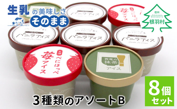 3種類のアソートB　 8個セット 6000円　バニラアイスクリーム　紅ほっぺ　西尾の抹茶　いちご　アイスクリーム　ソフトクリーム　スイーツ　デザート