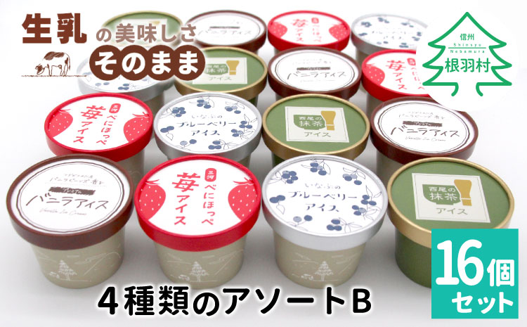 4種類のアソート B　16個入り アイスクリーム アイス バニラ マダガスカル産 ブルーベリー 稲武 紅ほっぺ 苺 いちご 紅ほっぺいちご 西尾抹茶 抹茶 牛乳 アイス ミルク 10000円 10,000円