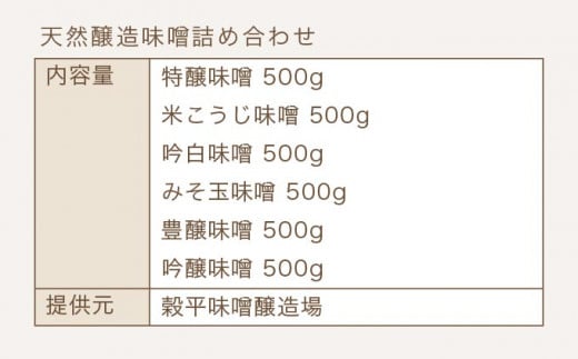 天然醸造味噌6種詰め合わせ  各500g 計3kg (特醸味噌 米こうじ味噌 吟白味噌 みそ玉味噌 豊醸味噌 吟醸味噌)［穀平味噌醸造場］無添加味噌 国産 発酵食品 信州みそ 信州味噌 健康食 詰合せ 贈答 贈物 ギフト お取り寄せ 長野県 