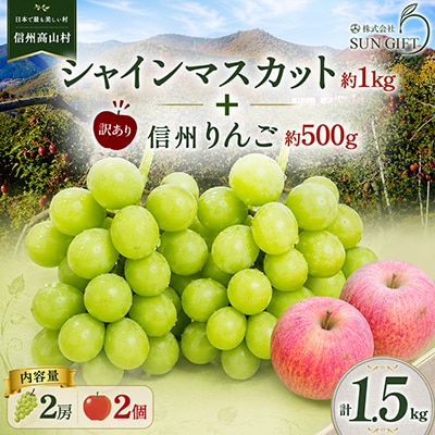 長野県産 シャインマスカット 1kg(2房)+ 訳あり 信州りんご 500gセット【2026年発送】【配送不可地域：離島・北海道・沖縄県】【1767511】