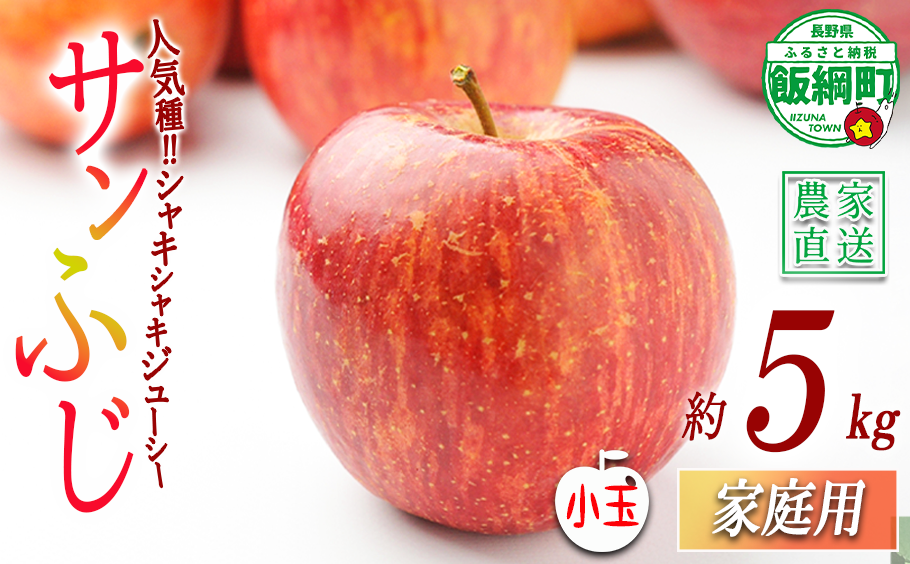 りんご サンふじ 家庭用 ( 小玉 ) 5kg マルカズりんご農園 沖縄県への配送不可 2026年11月下旬頃から2027年2月上旬頃まで順次発送予定 令和8年度収穫分 信州 果物 フルーツ リンゴ 林檎 長野 予約 農家直送 長野県 飯綱町 [0952]