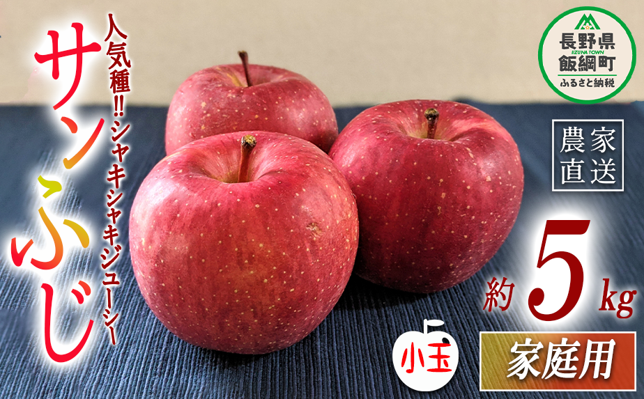 りんご サンふじ 家庭用 ( 小玉 ) 5kg ヤマハチ農園 沖縄県への配送不可 2026年12月上旬頃から2027年1月上旬頃まで順次発送予定 令和8年度収穫分 BLOF理論栽培 信州 果物 フルーツ リンゴ 林檎 長野 予約 農家直送 長野県 飯綱町 [0663]