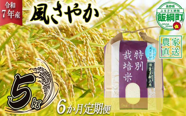 米 風さやか 5kg × 6回 【 6か月 定期便 】( 令和7年産 ) 特別栽培米 仲俣農園 2025年11月上旬頃から順次発送予定 オリジナル米 風 さやか 精米 お米 お弁当 おにぎり 信州 138000円 予約 農家直送 長野県 飯綱町 [0678]