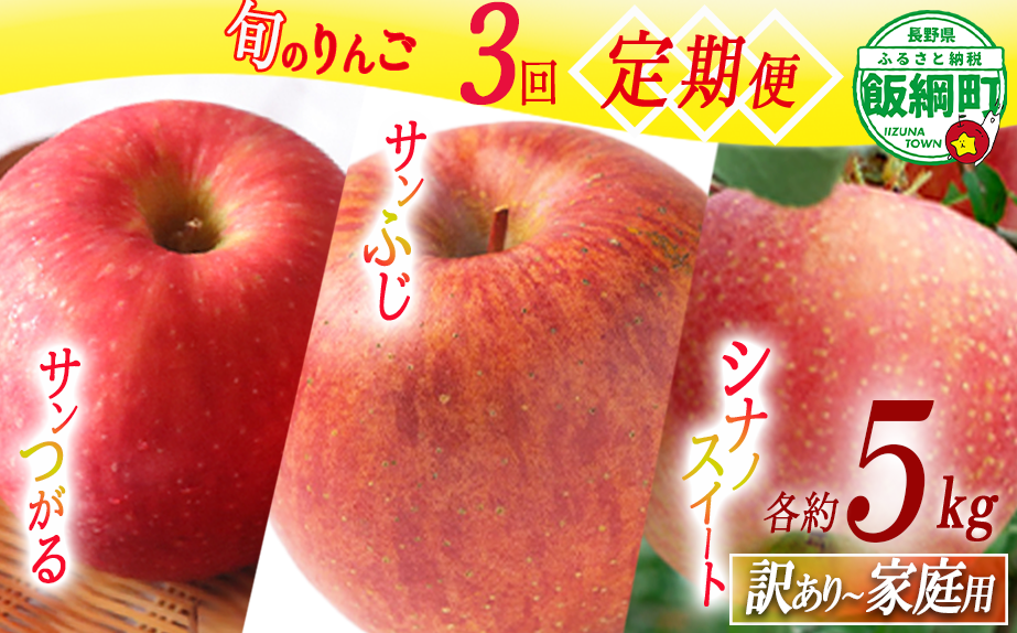 旬のりんご 【 定期便 】 訳あり ～ 家庭用 5kg × 3回 マルハ農園 沖縄県への配送不可 2026年9月上旬から2026年12月中旬まで順次発送予定 令和8年度収穫分 エコファーマー認定 信州 果物 フルーツ リンゴ 林檎 長野 予約 農家直送 長野県 飯綱町 [1640]