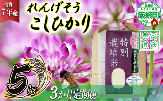 米 れんげそう こしひかり 5kg × 3回 【3ヶ月定期便】 ( 令和7年産 ) 特別栽培米 仲俣農園 2025年10月上旬頃から順次発送予定 コシヒカリ 白米 精米 お米 信州 79500円 予約 農家直送 長野県 飯綱町 [1926]