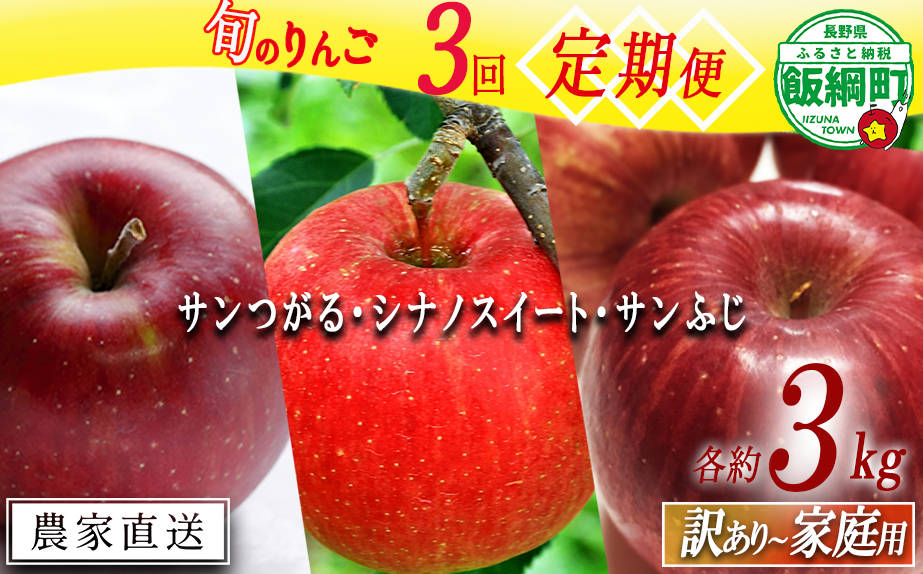 りんご 【 定期便 】 家庭用 〜 訳あり 3kg × 3回 サンつがる シナノスイート サンふじ 静谷りんご園 信州の環境にやさしい農産物認証 減農薬栽培 沖縄県への配送不可 2026年9月上旬頃から2026年12月下旬頃まで順次発送予定 令和8年度収穫分 信州 果物 フルーツ リンゴ 林檎 長野 予約 農家直送 長野県 飯綱町 [1942]
