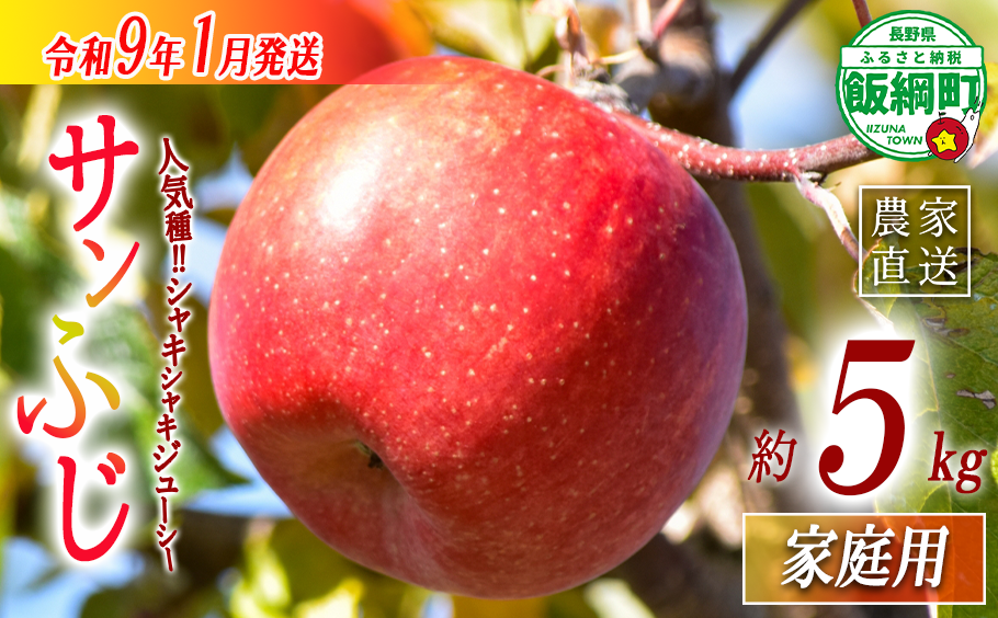 【 年明け発送 】 りんご サンふじ 家庭用 5kg 丸西農園 沖縄県への配送不可 2027年1月上旬頃から2027年1月中旬頃まで順次発送予定 令和8年度収穫分 特別栽培農産物 ( 除草剤 化学肥料 不使用 ) 信州 果物 フルーツ リンゴ 林檎 長野 予約 農家直送 長野県 飯綱町 [2101]