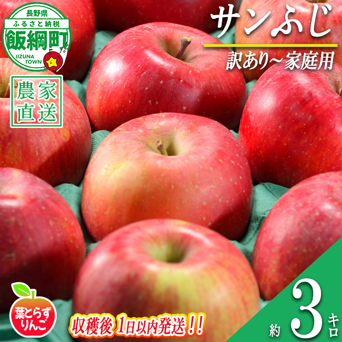 【 フレッシュ便 / 採れたて発送 】 りんご 葉とらず サンふじ 家庭用 〜 訳あり 3kg フレッシュフルーツミカズキ 沖縄県への配送不可 2026年11月中旬頃から2026年11月下旬頃まで順次発送予定 令和8年度収穫分 傷 不揃い リンゴ 林檎 果物 フルーツ 信州 長野 予約 農家直送 長野県 飯綱町 [1673]