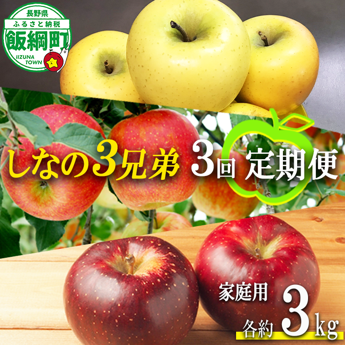 旬のりんご しなの3兄弟 【 定期便 】 家庭用 3kg × 3回 大友農場 エコファーマー認定 沖縄県への配送不可 2026年10月上旬頃から2027年1月中旬頃まで順次発送予定 令和8年度収穫分 信州 果物 フルーツ リンゴ 林檎 長野 予約 農家直送 長野県 飯綱町 [1389]