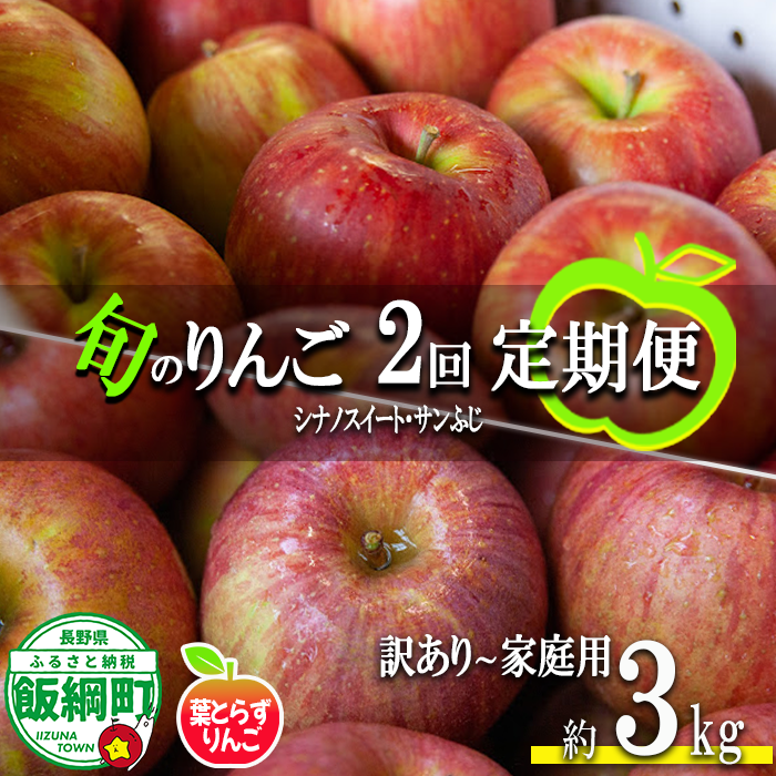 旬のりんご 【 定期便 】 家庭用 〜 訳あり 3kg × 2回 葉とらずりんご フレッシュフルーツミカズキ 沖縄県への配送不可 2026年10月中旬頃から2026年12月中旬頃までお申込み順に発送予定 令和8年度収穫分 リンゴ アップル シナノスイート サンフジ サンふじ 長野県 飯綱町 [2007]