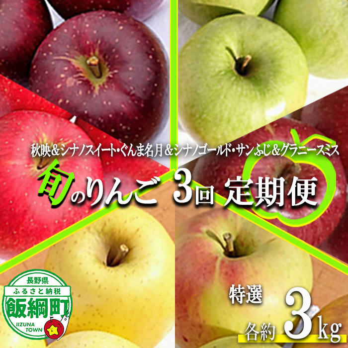 旬のりんご 【 定期便 】 2品種 詰め合わせ 特選 3kg × 3回 やまじゅうファーム 沖縄県への配送不可 2026年10月中旬頃から2026年12月下旬頃まで順次発送予定 令和8年度収穫分 信州の環境にやさしい農産物 減農薬栽培 長野県 飯綱町 [1031]