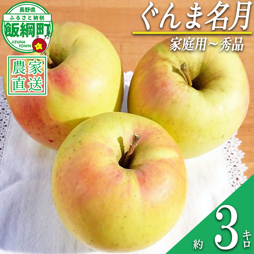りんご ぐんま名月 家庭用 〜 秀 3kg やまじゅうファーム 沖縄県への配送不可 2026年11月下旬頃から2026年12月上旬頃まで順次発送予定 令和8年度収穫分 信州の環境にやさしい農産物 減農薬栽培 長野県 飯綱町 [1539]