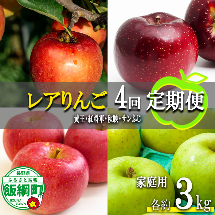 珍しい レア 人気 旬の りんご 【 定期便 】 家庭用 3kg × 4回 永野農園 沖縄県への配送不可 2026年8月中旬頃から2026年12月中旬頃まで順次発送予定 令和8年度収穫分 信州 果物 フルーツ リンゴ 林檎 長野 予約 農家直送 長野県 飯綱町 [0745]