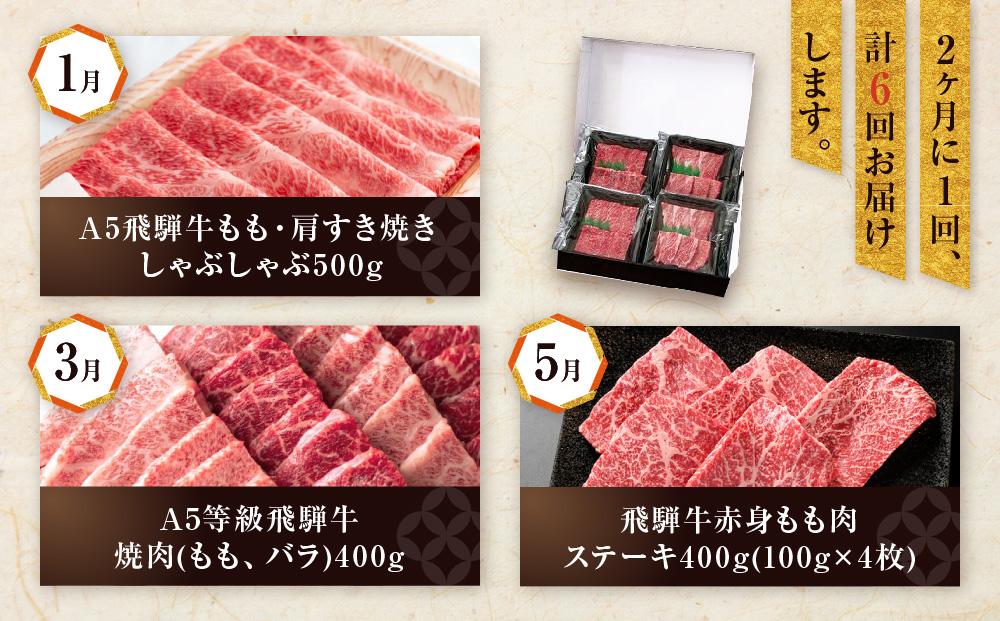 【飛騨牛 定期便】＜全6回＞2ヶ月に1回お届け  牛肉（ステーキ / 焼肉 / しゃぶしゃぶ / すき焼き） | 肉 食べ比べ 霜降り ロース もも 岐阜 高山市 飛騨高山 岐阜県 人気 お楽しみ おすすめ ZZ016