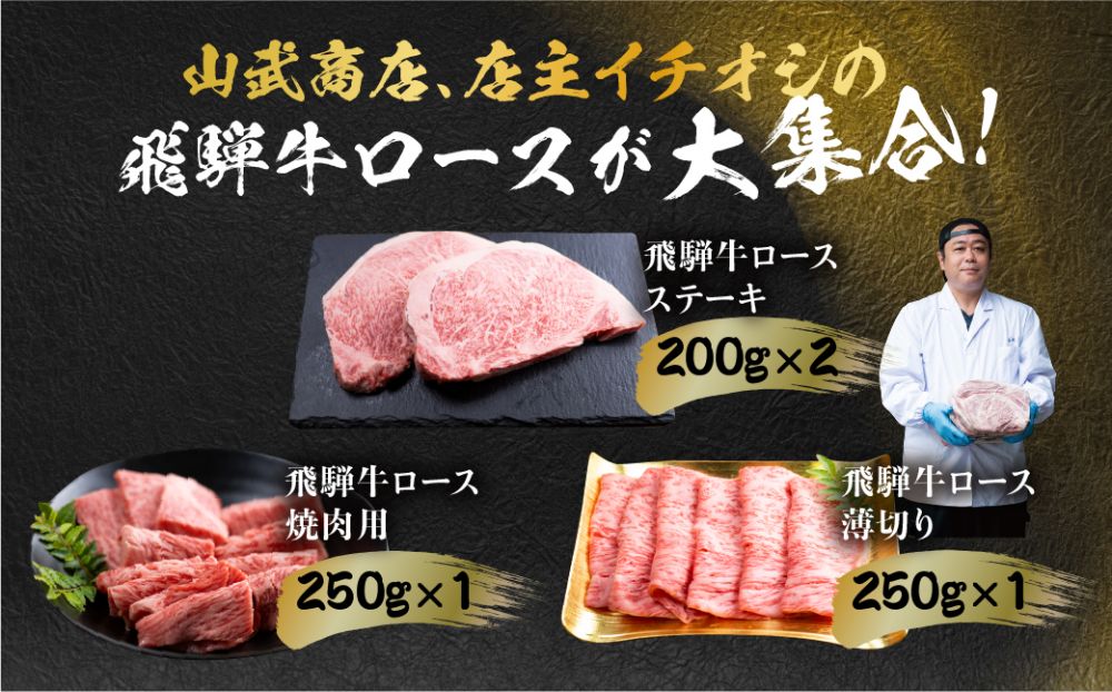 飛騨牛 ロース 食べつくしセット 900ｇ (ステーキ /焼肉  薄切り すき焼き / しゃぶしゃぶ ) 山武商店 TR3970