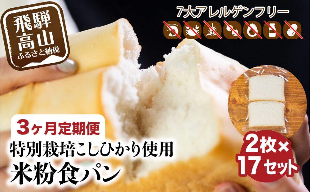 定期便 3回お届け 3ヶ月 グルテンフリー 米粉パン 食パン2枚×17袋 米ぱん工房「ままみぃ」 トースト アレルギー 朝ごはん 朝食 真空包装（冷凍）まんま農場 小麦粉不使用 パン AD100