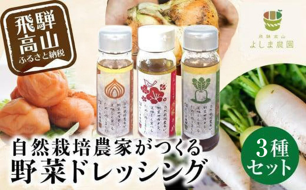 自然栽培農家のドレッシング3種 | 自家栽培農家 ドレッシング サラダ 自家栽培 洋風ドレッシング 玉ねぎドレッシング 大根おろしドレッシング 梅ドレッシング 飛騨高山 よしま農園 CK015VC13