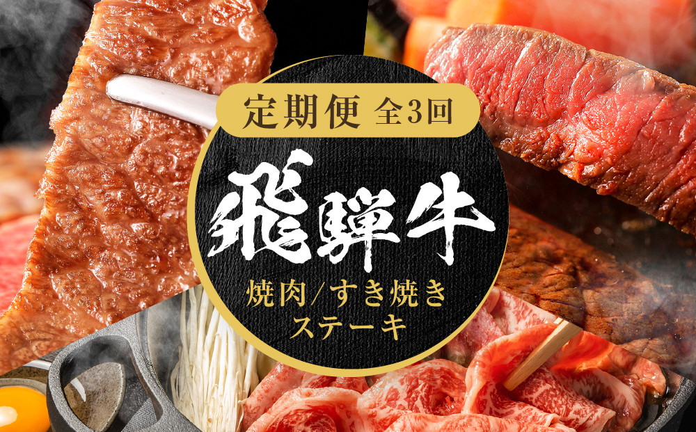 【定期便】全3回 飛騨牛 定番（ステーキ /焼肉 / すき焼き） | 肉 お肉 焼肉 焼き肉 やきにく ステーキ すき焼き 黒毛和牛 和牛 牛肉 お取り寄せ 飛騨高山ミート MZ102