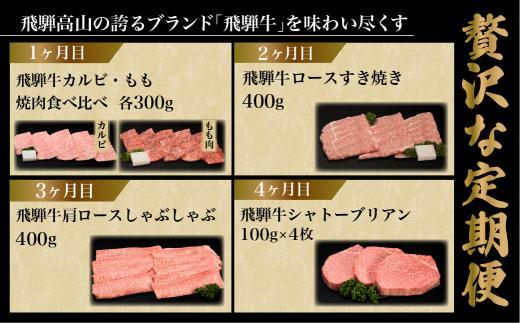 【定期便 4ヶ月】（全4回）A5ランク 飛騨牛 贅沢 食べつくし 約1.8kg  ( カルビ・もも / ロースすき焼き / 肩ロースしゃぶしゃぶ / シャトーブリアン)  | 肉 a5 食べ比べ 希少部位 飛騨高山 有限会社ながせ食品 FH100VC13