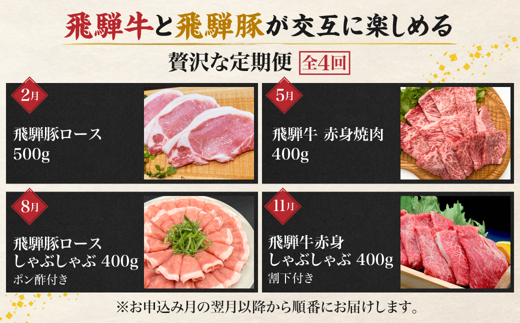 定期便 4回 A5 飛騨牛 ＆ アルプス育ちの 飛騨豚 (すき焼き 焼肉 とんかつ しゃぶしゃぶ )  豚肉 肉 豚ロース 肉 定期便 飛騨牛 牛肉 HF107