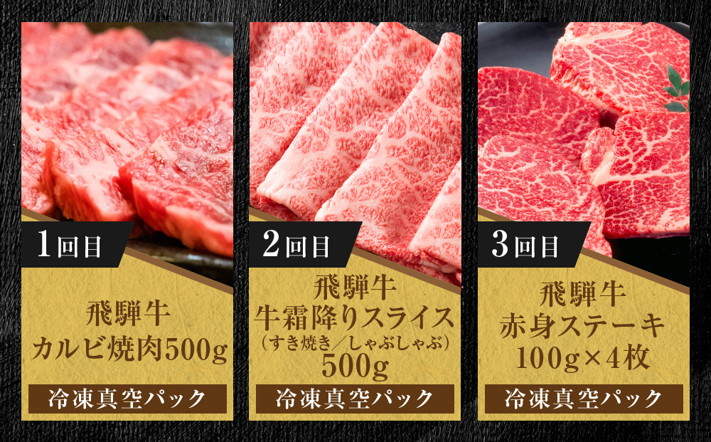 【定期便】全3回 飛騨牛 定番（ステーキ /焼肉 / すき焼き） | 肉 お肉 焼肉 焼き肉 やきにく ステーキ すき焼き 黒毛和牛 和牛 牛肉 お取り寄せ 飛騨高山ミート MZ102