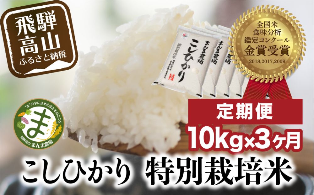 お米 定期便 3ヶ月 飛騨こしひかり 10kg コシヒカリ 特別栽培米 3回 産