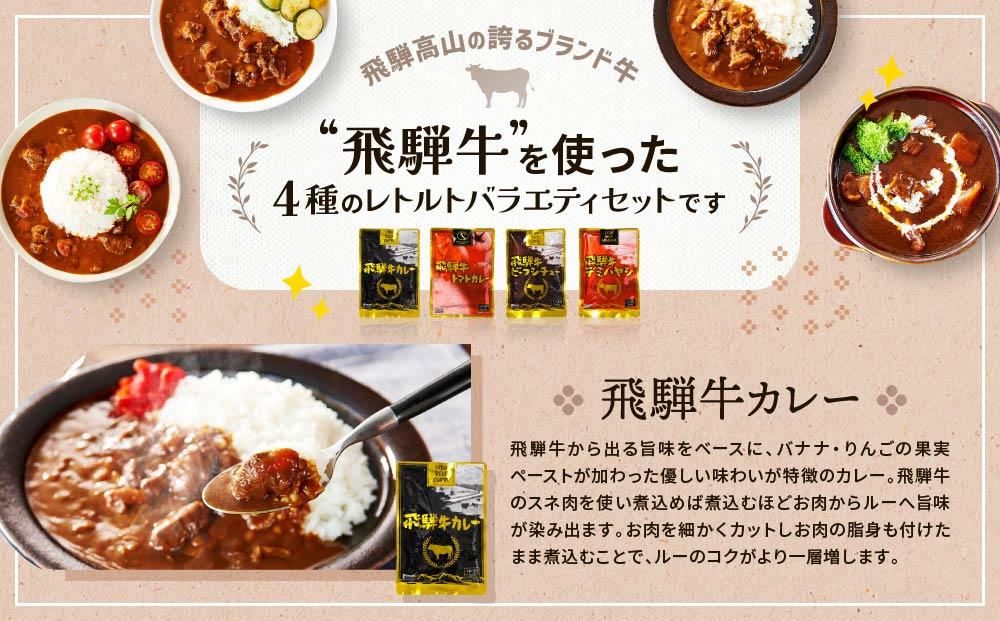 訳あり 飛騨牛レトルト４種１２袋！ バラエティセット 飛騨牛 肉 牛 カレー ビーフカレー トマトカレー ビーフシチュー デミハヤシ レトルト 12袋 簡易包装 レトルトカレー おいしい 便利 飛騨高山 ふるさと清見21 DC002