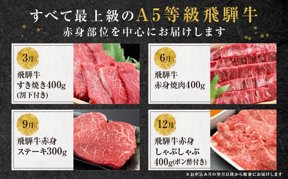 A5等級飛騨牛 定期便 4回（すき焼き／ステーキ／焼肉／しゃぶしゃぶ）【3月・6月・9月・12月発送】| 冷蔵配送 定期便 飛騨牛 赤身 年4回お届け おいしい 人気 飛騨高山 岩ト屋 HF108