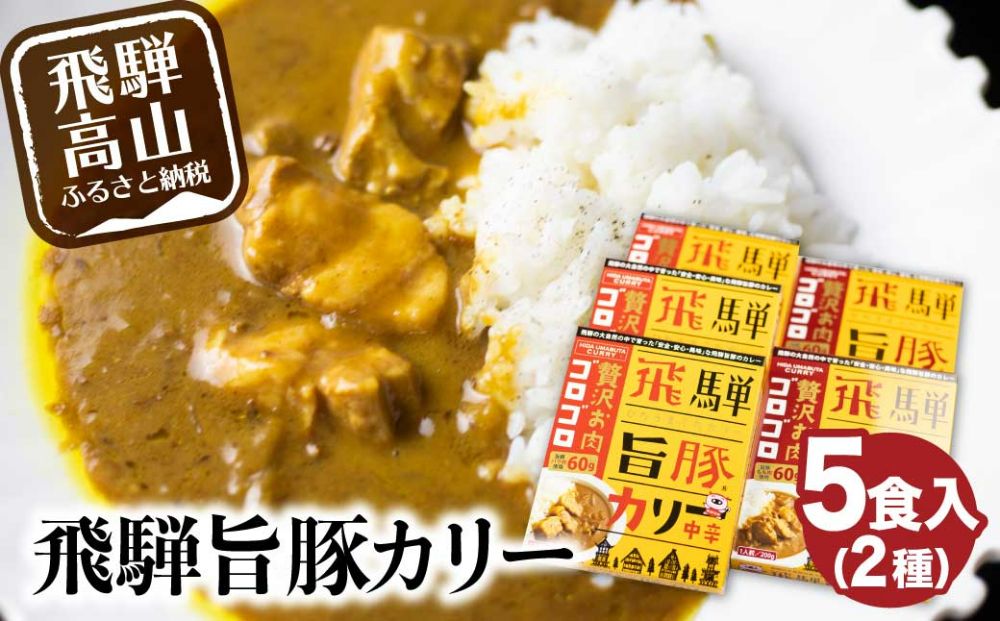 お肉ゴロゴロ 飛騨旨豚 カレー 5袋 (モモ肉×2袋、ばら肉×3袋) 2種 ブランド豚 レトルトカレー 豚カレー ポークカレー 豚肉カレー 豚肉 詰め合わせ 5個 肉   飛騨 ご当地カレー 食べ比べ さるぼぼ ご当地 (有)オリジナル b716