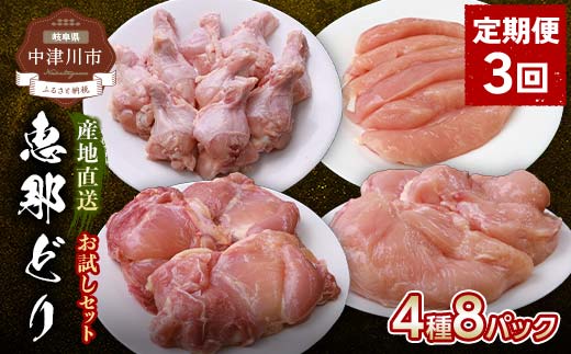 【定期便・3回】産地直送！恵那どり お試し4種8パックセット 小分け 真空パック 大容量 セット 鶏肉 F4N-2468