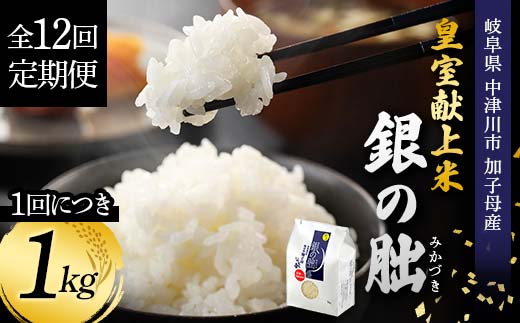 ＜テレビで紹介されました！＞令和8年産 新米【全12回定期便】皇室献上米『銀の朏』1kg 中津川市加子母産 栽培期間中化学肥料不使用 お米 新米 精米 F4N-2887