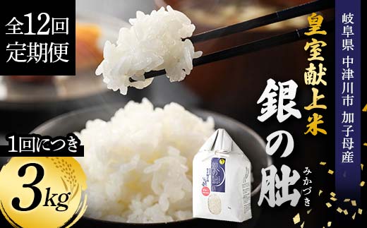 ＜テレビで紹介されました！＞令和8年産 新米【全12回定期便】皇室献上米『銀の朏』3kg 中津川市加子母産 栽培期間中化学肥料不使用 お米 新米 精米 F4N-2891