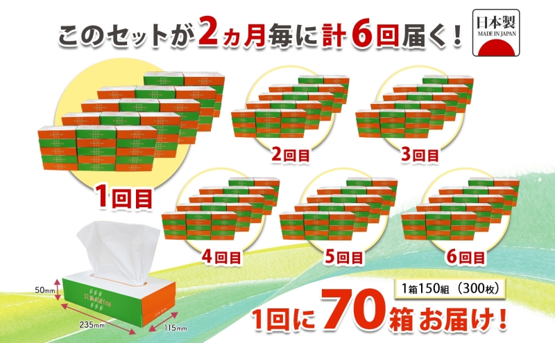 定期便 2ヶ月毎 全6回 ボックス ティッシュ 70箱 150組 300枚 ティッシュペーパー 紙 ペーパー BOX 日用品 備蓄 吸水 消耗品 生活用品 おすすめ 肌触り 防災 ストック 備蓄 生活応援 宮嶋商店 送料無料 岐阜県