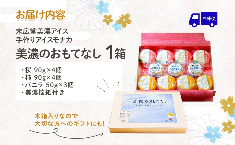 手作り アイス モナカ 美濃のおもてなし セット 木箱入り 桜アイス 4個 柿アイス 4個 バニラアイス 3個 最中 手作り 乳製品 ミルク アイスクリーム ギフト 贈り物 ご褒美 スイーツ 人気 和菓子 お取り寄せ 送料無料 末広堂美濃アイス 岐阜県 美濃市