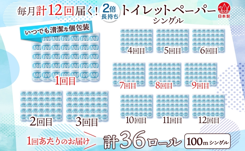 定期便 12ヶ月 連続12回 トイレットペーパー 100ｍ シングル 36ロール 青ラベル 紙 ペーパー 日用品 消耗品 リサイクル 再生紙 無香料 厚手 ソフト 長尺 長巻きトイレ用品 備蓄 ストック 非常用 生活応援 川一製紙 送料無料 岐阜県