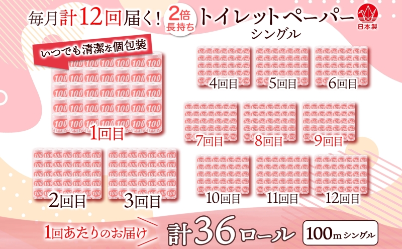 定期便 12ヶ月連続お届け トイレットペーパー 100ｍ シングル 36ロール 赤ラベル 紙 ペーパー 日用品 消耗品 リサイクル 再生紙 無香料 厚手 ソフト 長尺 長巻きトイレ用品 備蓄 ストック 非常用 生活応援 川一製紙 送料無料 岐阜県 美濃市 