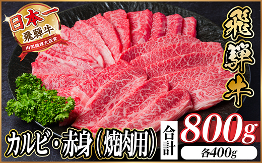 飛騨牛 厳選カルビ・赤身(焼肉・BBQ用) 800g(各400g)　黒毛和牛　小分け　A4〜A5等級【配送不可地域：離島】【1543763】