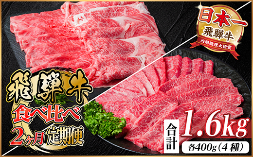 飛騨牛霜降り・赤身食べ比べセット　2ヶ月定期便　計1.6kg　A4〜A5【配送不可地域：離島】【4057710】