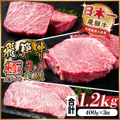 【毎月定期便】飛騨牛 極ステーキ定期便　計約1.2kg【冷蔵便】全3回【配送不可地域：離島】【4056912】