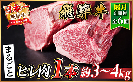 【2ヵ月毎定期便】飛騨牛 ヒレ1本(約3〜4kg)【シャトーブリアン&ヒレ】A4〜A5黒毛和牛全6回【配送不可地域：離島】【4084177】