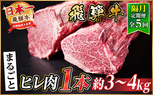 【2ヵ月毎定期便】飛騨牛 ヒレ1本(約3〜4kg)【シャトーブリアン&ヒレ】A4〜A5黒毛和牛全5回【配送不可地域：離島】【4084176】