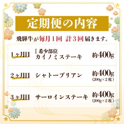 【毎月定期便】飛騨牛 極ステーキ定期便　計約1.2kg【冷蔵便】全3回【配送不可地域：離島】【4056912】