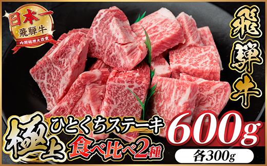 飛騨牛 ひとくちステーキ 食べ比べ2種 約600g(各約300g) 焼肉・BBQ用 サーロイン・ヒレ【配送不可地域：離島】【1733159】