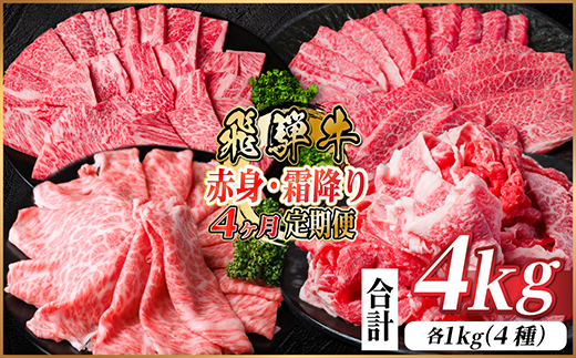 【毎月定期便】飛騨牛　赤身・霜降り定期便　計4kg カルビ・赤身・ロース(焼肉・BBQ用)全4回【配送不可地域：離島】【4075144】