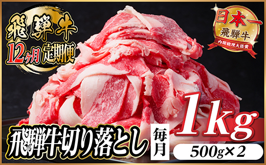 【毎月定期便】飛騨牛　切り落とし　約1kg【冷蔵便】全12回【配送不可地域：離島】【4055088】